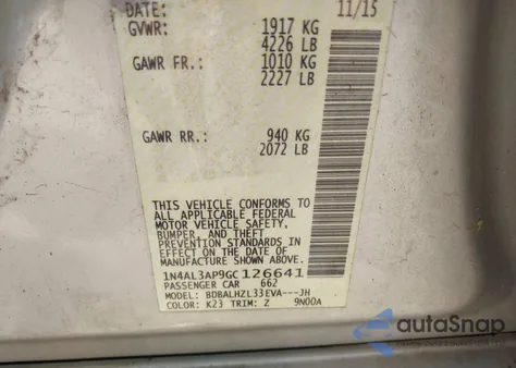 2016 Nissan Altima 2.5 Sr from USA, damaged, VIN 1N4AL3AP9GC126641